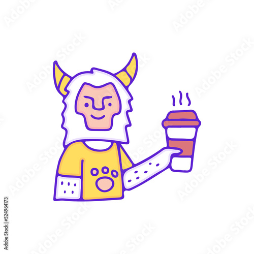 Cool yeti character drink a cup of coffee, illustration for t-shirt, sticker, or apparel merchandise. With doodle, retro, and cartoon style.