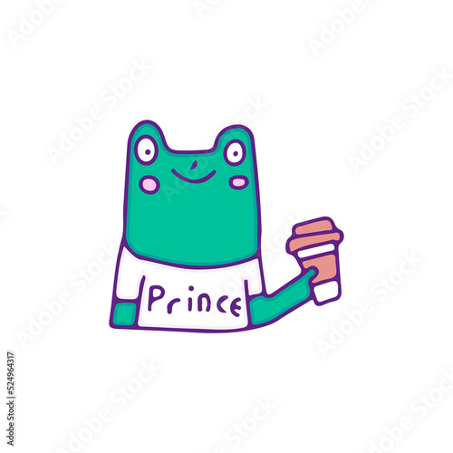 Cool frog character drink a cup of coffee, illustration for t-shirt, sticker, or apparel merchandise. With doodle, retro, and cartoon style.