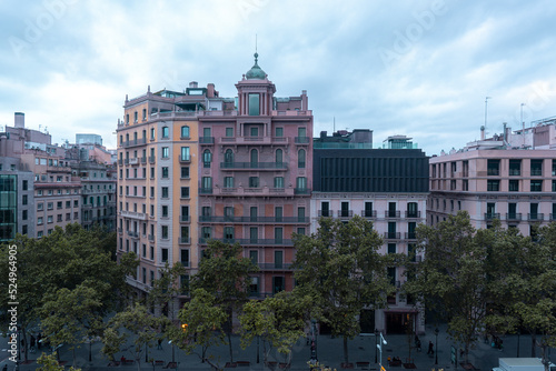 Exterior view of old architecture in central part of Barcelona, Spain. Colorful houses, buildings.