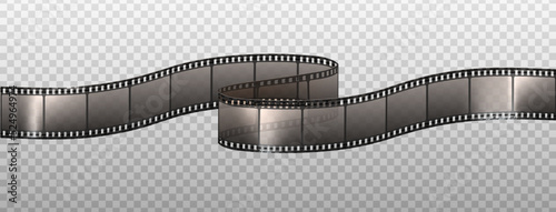 3d realistic vector icon. Film tape strip with white square in transparency. Isolated on white. Cinema concept. 
