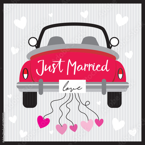 happy wedding card with love car and heart shape