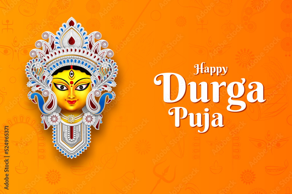happy durga puja festival banner design in yellow background with goddess  durga face illustration Stock Vector | Adobe Stock