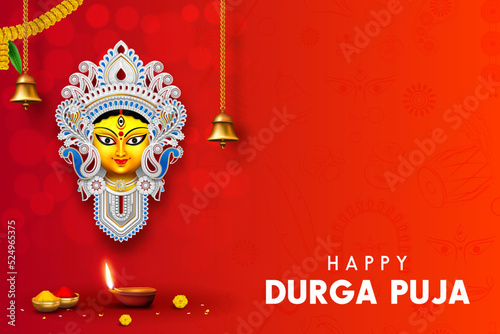 happy durga puja creative banner background design with goddess durga face illustration indian festival photo