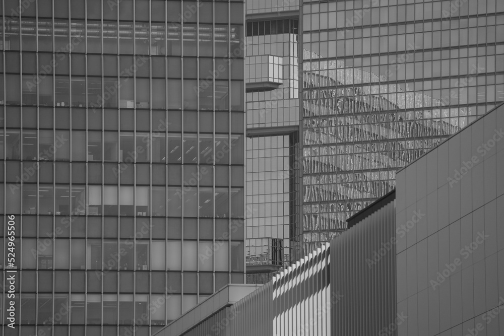 Hong Kong Commercial Building Close Up; black and white color Hong Kong Commercial Building Close Up; black and white color