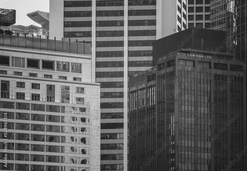 Hong Kong Commercial Building Close Up; black and white color