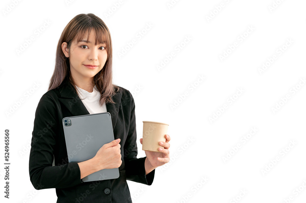 Picture of beautiful woman in black suit holding tablet and coffee cup posing over white background. Picture of beautiful woman in black suit holding tablet and coffee cup posing over white background.