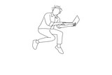 Illustration of excited businessman jumping up with laptop in hands isolated on white background. Outline drawing style art