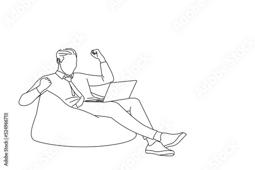 Illustration of male freelancer gesturing like winner laptop isolated on white color background. Oneline art drawing style