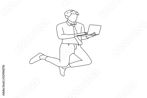 Drawing of businessman jumping in air using laptop home based job isolated over white background. One line art