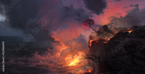 Beautiful landscape of lava flowing from shore into the ocean, cherry blossom tree with pink flowers at edge of coast on volcanic Big Island aka Hawaii. photo