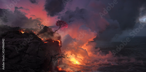 Beautiful landscape of lava flowing from shore into the ocean, cherry blossom tree with pink flowers at edge of coast on volcanic Big Island aka Hawaii. photo