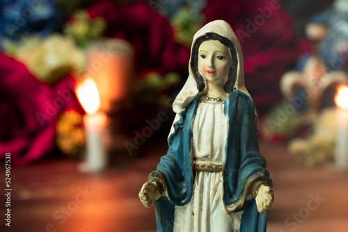 holy mary sculpture and flower