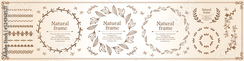 ナチュラルなフレーム、直物モチーフのデザイン素材のセット
