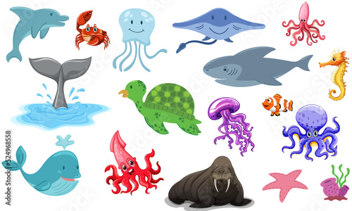 fish sea cartoon animal vector dolphin set,