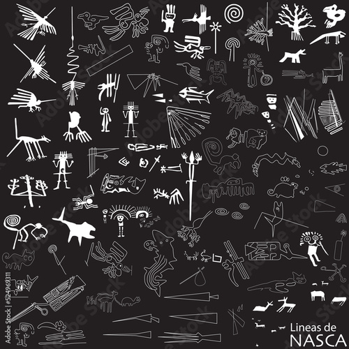 Nazca lines Peru. Compilation of new Nazca lines, Hieroglyphics of Peruvian culture. photo