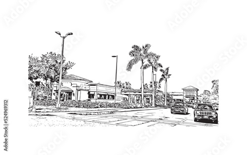 Building view with landmark of North Port is the city in Florida. Hand Drawn sketch illustration in vector.