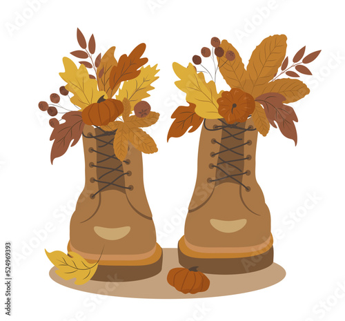 vector illustration on the theme of autumn, floristry. shoe with autumn leaves