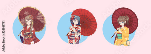 Anime manga girl cartoon characters. Girl wearing Japanese kimono with umbrella. Isolated Round Icons.