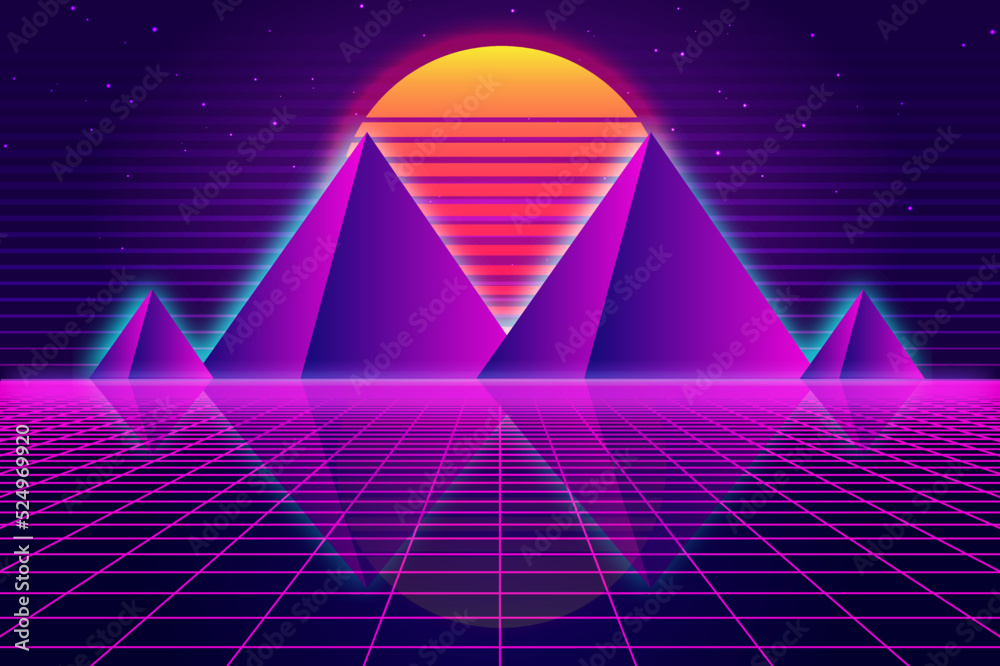 Retro Sci-Fi futuristic vector, background 1980s and 1990s style 3d illustration. Digital landscape in a cyber world. For use as design cover.