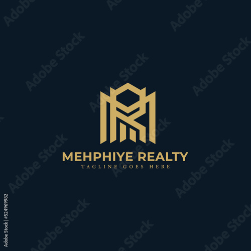Abstract initial letter MR or RM logo in gold color isolated in blue navy background applied for real estate agency company logo also suitable for the brands or companies have initial name RM or MR.
