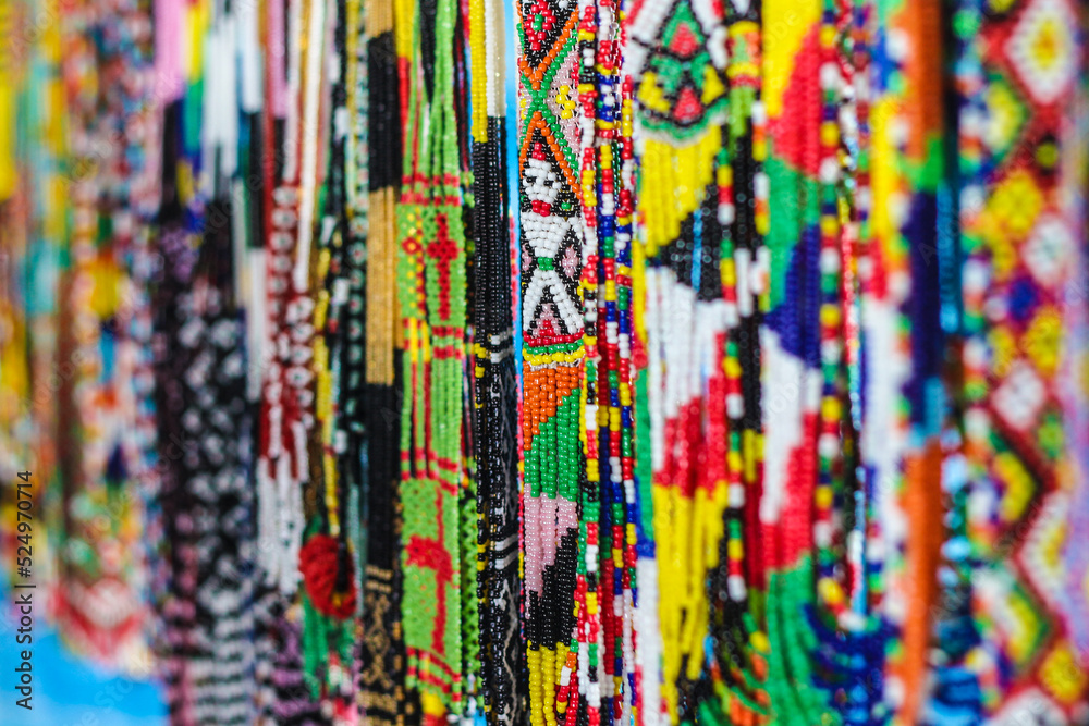 Colorful traditional jewelry sold at weekly market
