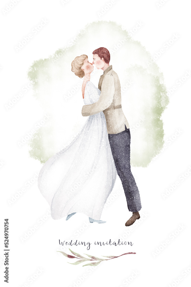 Watercolor hand drawn composition illustration of wedding couple, splash, branches isolated on white background. Bride, groom, bouquet, boho rustic style. Hugging. Vintage card, postcard, invitation. Watercolor hand drawn composition illustration of wedding couple, splash, branches isolated on white background. Bride, groom, bouquet, boho rustic style. Hugging. Vintage card, postcard, invitation.