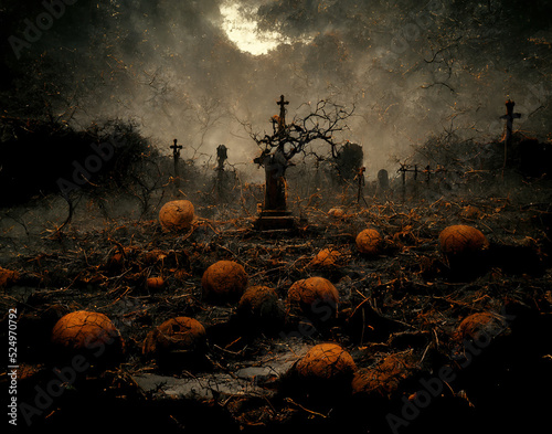 pumpkin Halloween witch graves in painting pictures. Halloween nightmare concept. sketch design style. event festival day. out of focus background. full moon cloudy mood. head of the pumpkin gost.