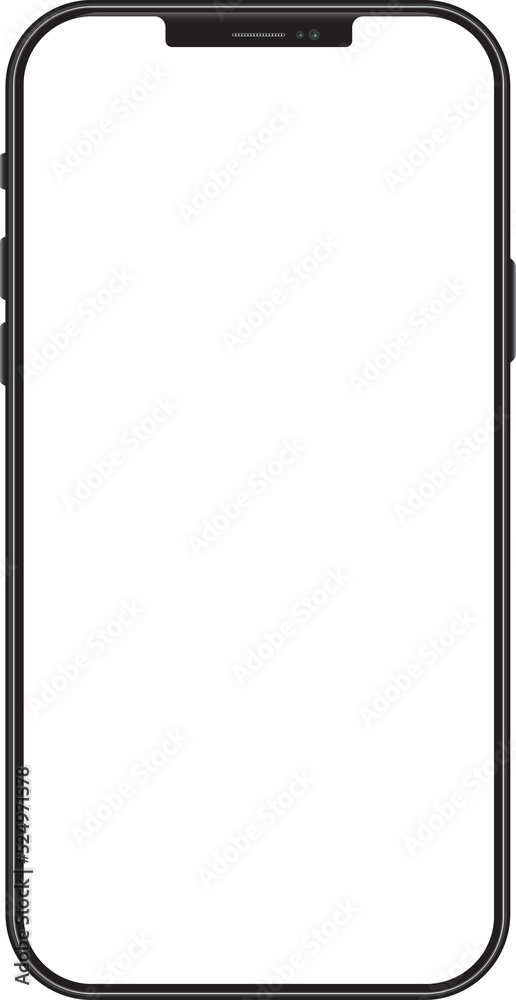 New version of black slim smartphone with blank white screen.