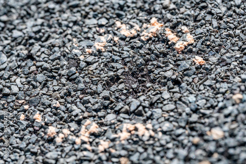 Macro of hail damage on a shingle residential roof circled with a chalk outline during a home inspection.