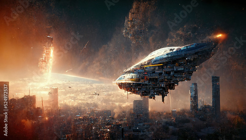 Fotografie, Obraz Spectacular scene of a high-rise building's top rising above the clouds, with a spaceship flying above a futuristic fantasy cityscape