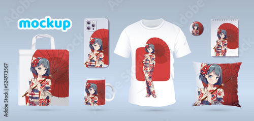 Anime Manga girl in traditional kimono. Identity branding mockup set top view. Prints on t-shirts, sweatshirts, cell phone cases, bags, souvenirs. Isolated vector illustration on white background