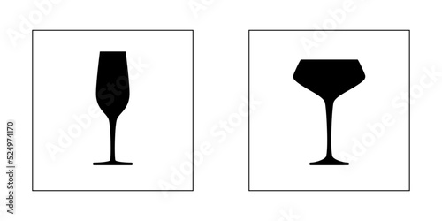 Champagne glasses. Vector illustration. Wine glass saucer, flute glass. Black silhouettes isolated on a white background.