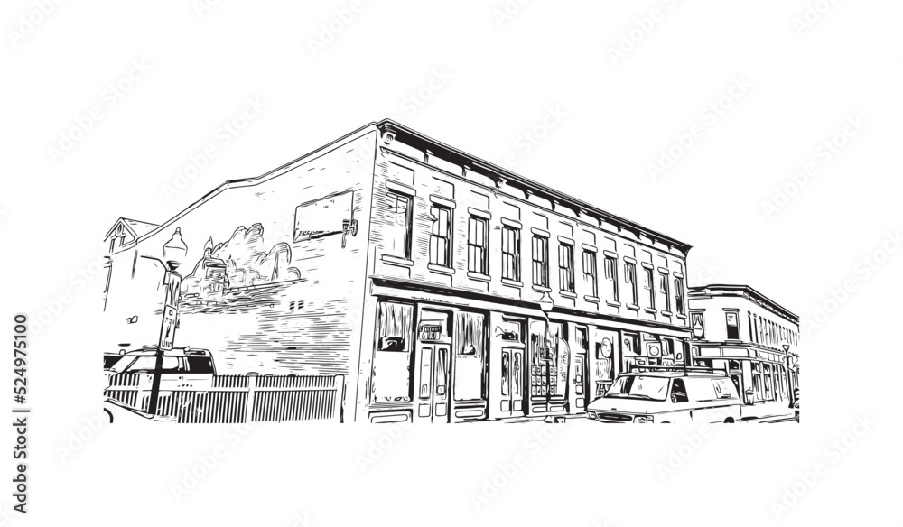 Building view with landmark of Norwalk is the 
city in Connecticut. Hand drawn sketch illustration in vector. 
