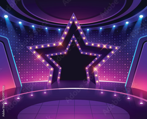 Star podium with lighting. Music stage game background. Show performance photo