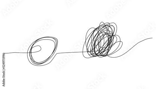 Chaotically tangled line and untied knot in form of circle. Unravels chaos and mess difficult situation. Psychotherapy concept of solving problems is easy. One continuous line drawing. Vector