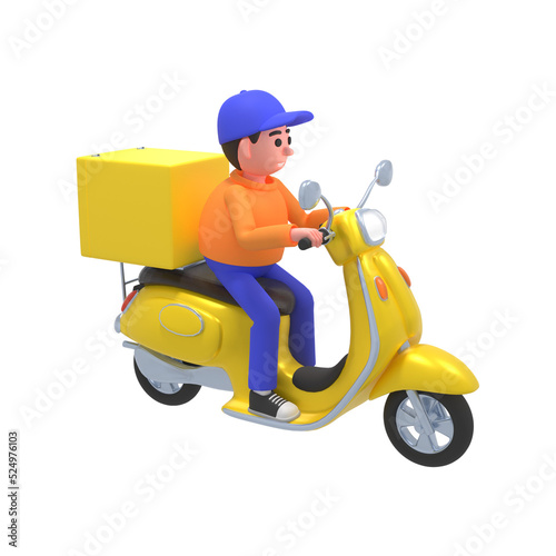 3d render of delivery courier on yellow scooter