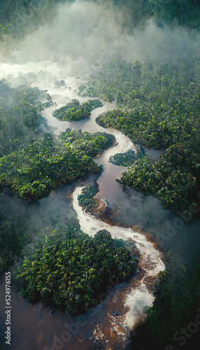 Aerial view of tropical rainforest and river. Climate and nature concept landscape. 3D illustration. © Bisams