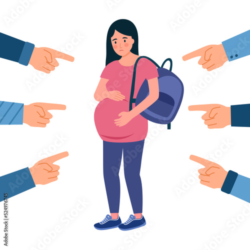 Sad pregnant teenager with public blame in flat design on white background. photo