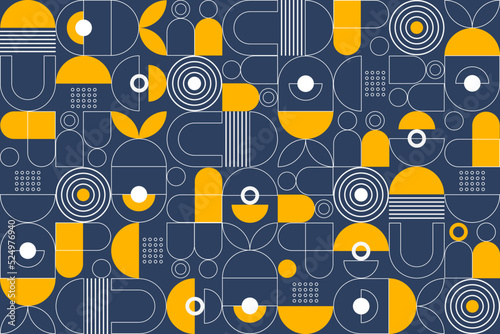 Abstract flat geometric background, mosaic pattern design with the simple shape of circles, dots, and line art. Mural wallpaper. Neo geometric. Vector Illustration.