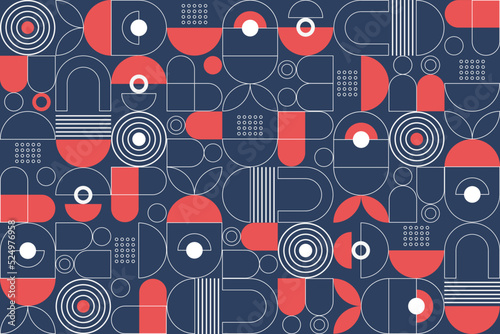 Abstract flat geometric background, mosaic pattern design with the simple shape of circles, dots, and line art. Mural wallpaper. Neo geometric. Vector Illustration.