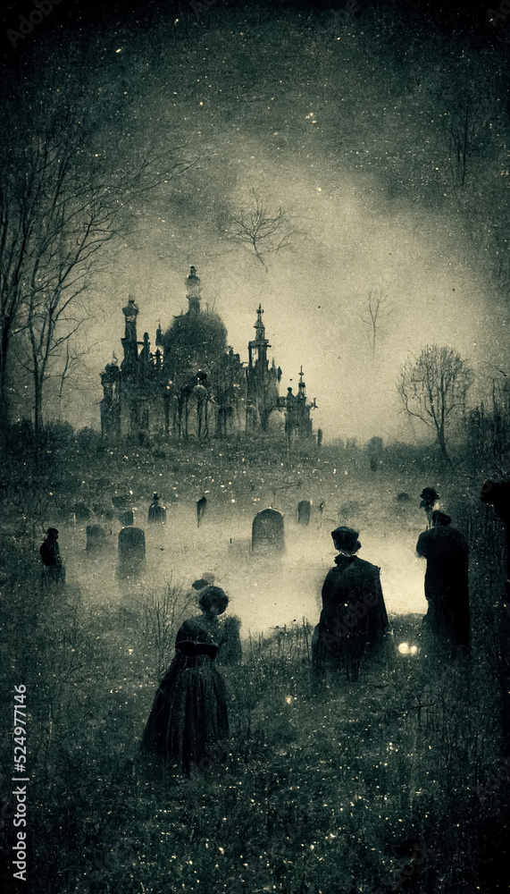 Gloomy dark landscape, old Victorian photo style. Ghosts in abandoned church ruins. 3D illustration.