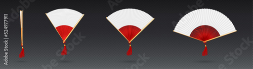 Chinese hand fan, traditional asian accessory isolated on transparent background. Open and closed red and white wooden japanese fan with tassel, vector realistic set