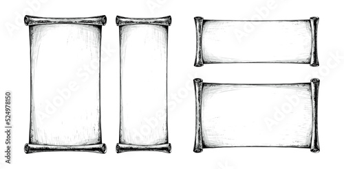 Set of unfolded rolls of paper, papyrus scroll, ancient parchment with space for text. Hand drawn vector illustration isolated on white background.