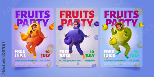 Fruits party cartoon banners or invitation flyers. Funny people wear costumes of pear, blueberry and apple dance and having fun. Night club or cafe promo with free juice offer, Vector illustration