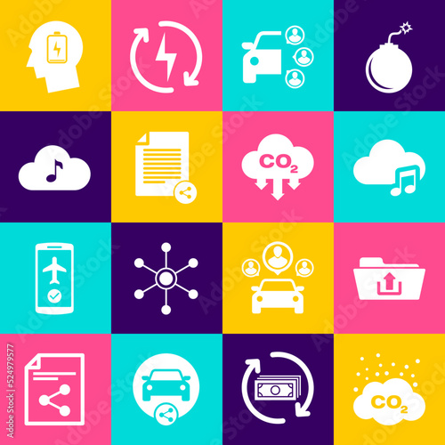 Set CO2 emissions in cloud, Folder upload, Music streaming service, Car sharing, Share file and icon. Vector