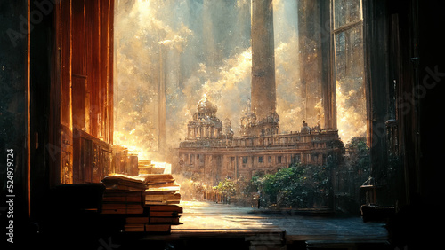 The Library Building Hall Interior with lots of Books. Sunlight Came in through the Windows. Concept Art Scenery. Book Illustration. Video Game Scene. Serious Digital Painting. CG Artwork Background. 