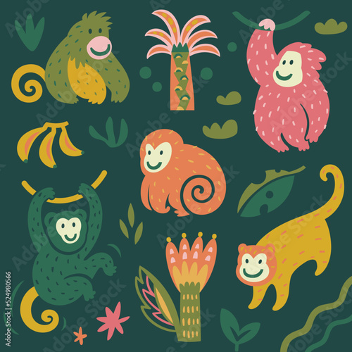 Collection of cute funny monkeys and palms trees. Vector illustration