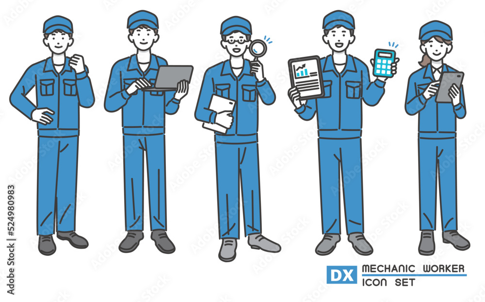 DX推進でタブレットやパソコンを持つ作業員の男女のベクターイラスト素材／ピッキング／IT／物流
