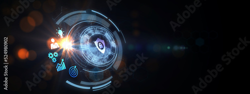 Cyber security data protection business technology privacy concept. Young businessman select the icon security on the virtual display. 3d illustration