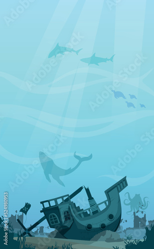 Underwater scenery and fishes with sunken pirate ship wreck with sea ruins